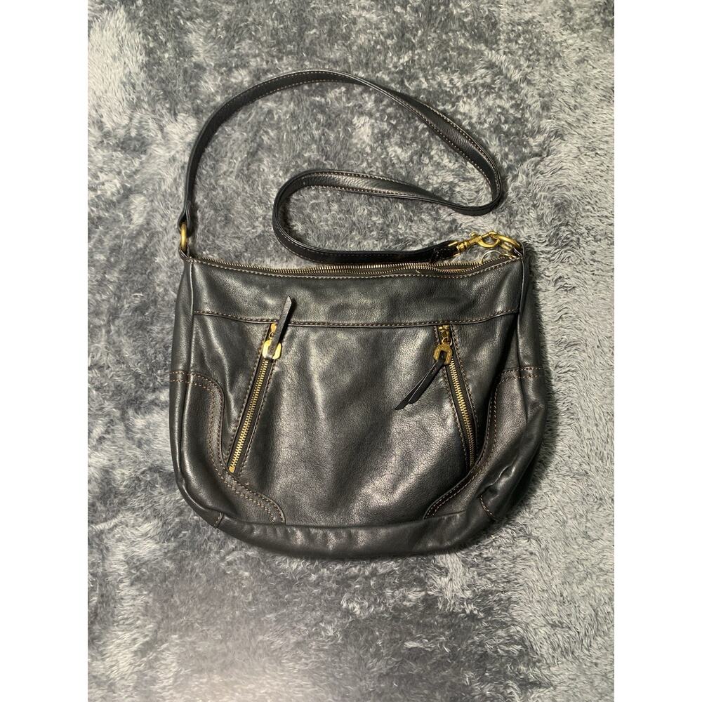 HOBO The Original Black Leather Crossbody Bag Multi Zip Pockets Brass Tone Hardw